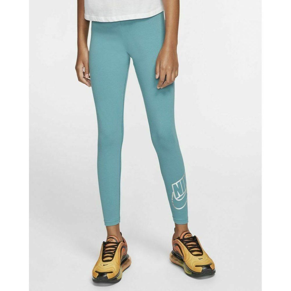 Nike Girls Teal Silver Logo Elastic Waist Pull On Sportswear Legging Size Small
